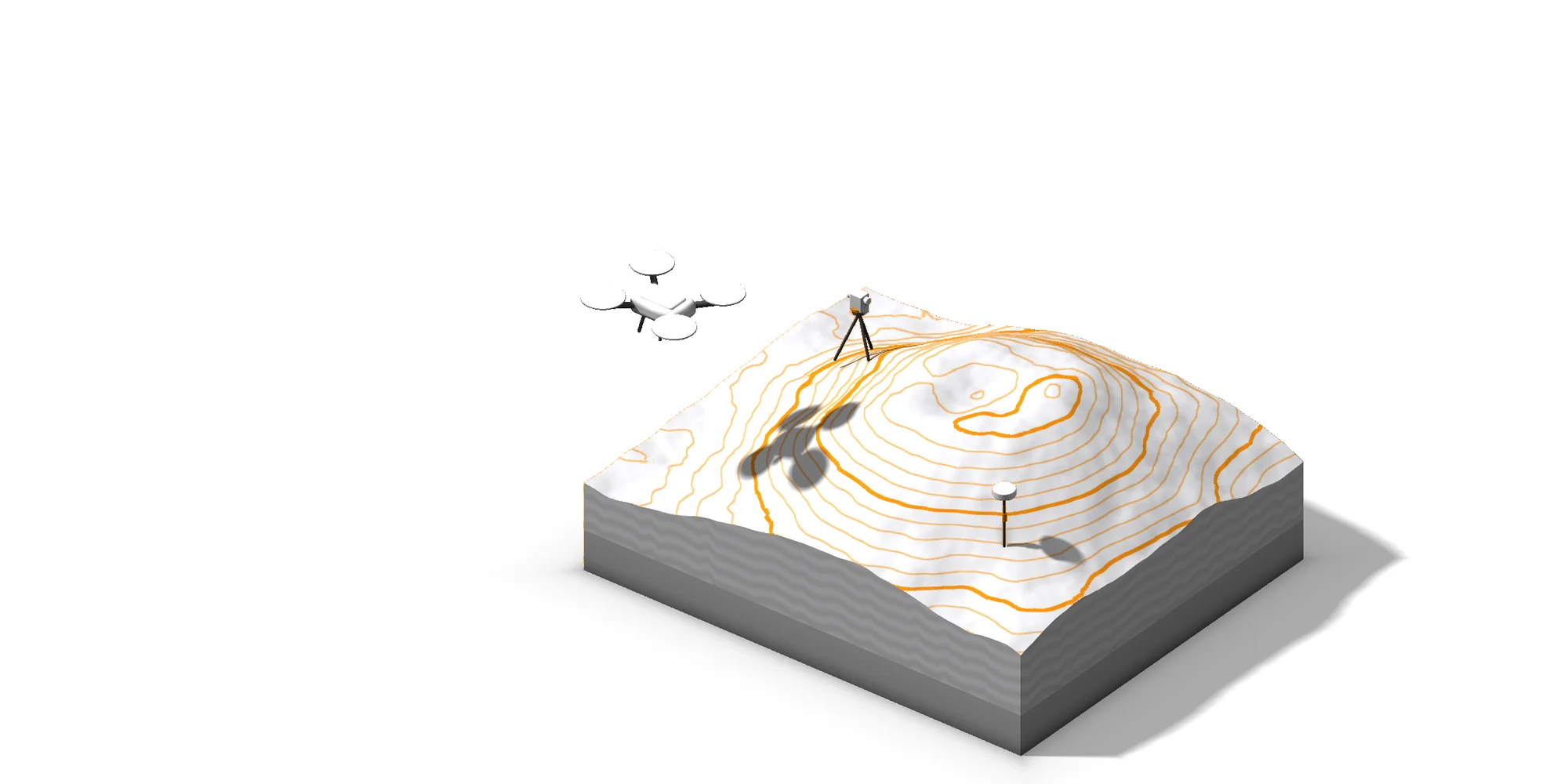 Ilustración de un modelo del terreno con curvas de nivel, dron, estación total y receptor GNSS