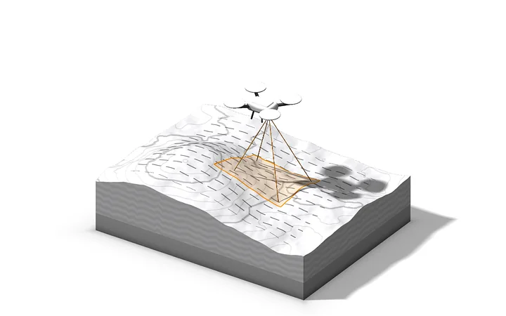 Ilustración de un dron sobrevolando un terreno con pasadas de vuelo y huella fotográfica