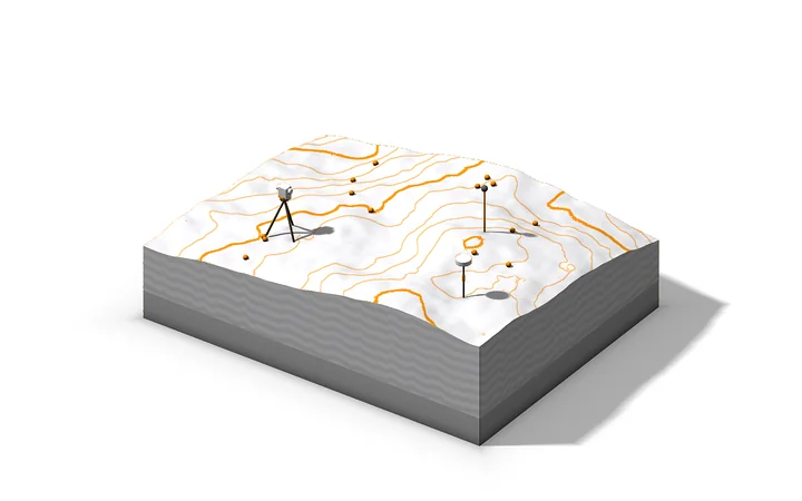 Ilustración de un terreno con curvas de nivel, estación total y receptor GNSS