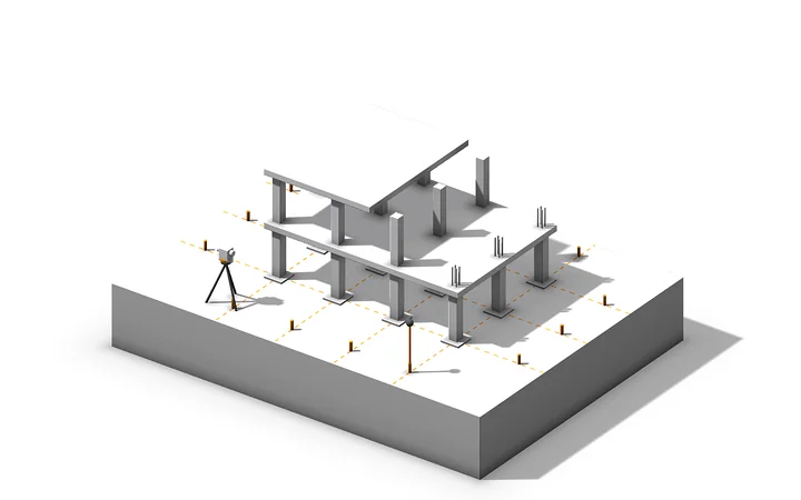 Ilustración de una estructura en construcción con ejes replanteados y estación total